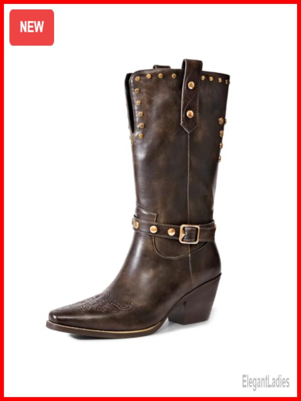 Womens Faux Leather Cowboy Boots Wide Calf Square Toe Block Heel Mid-Calf